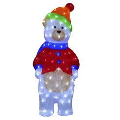 Acrylic 120 Leds White Bear With Red Hat And Pom Pom - 80Cm
