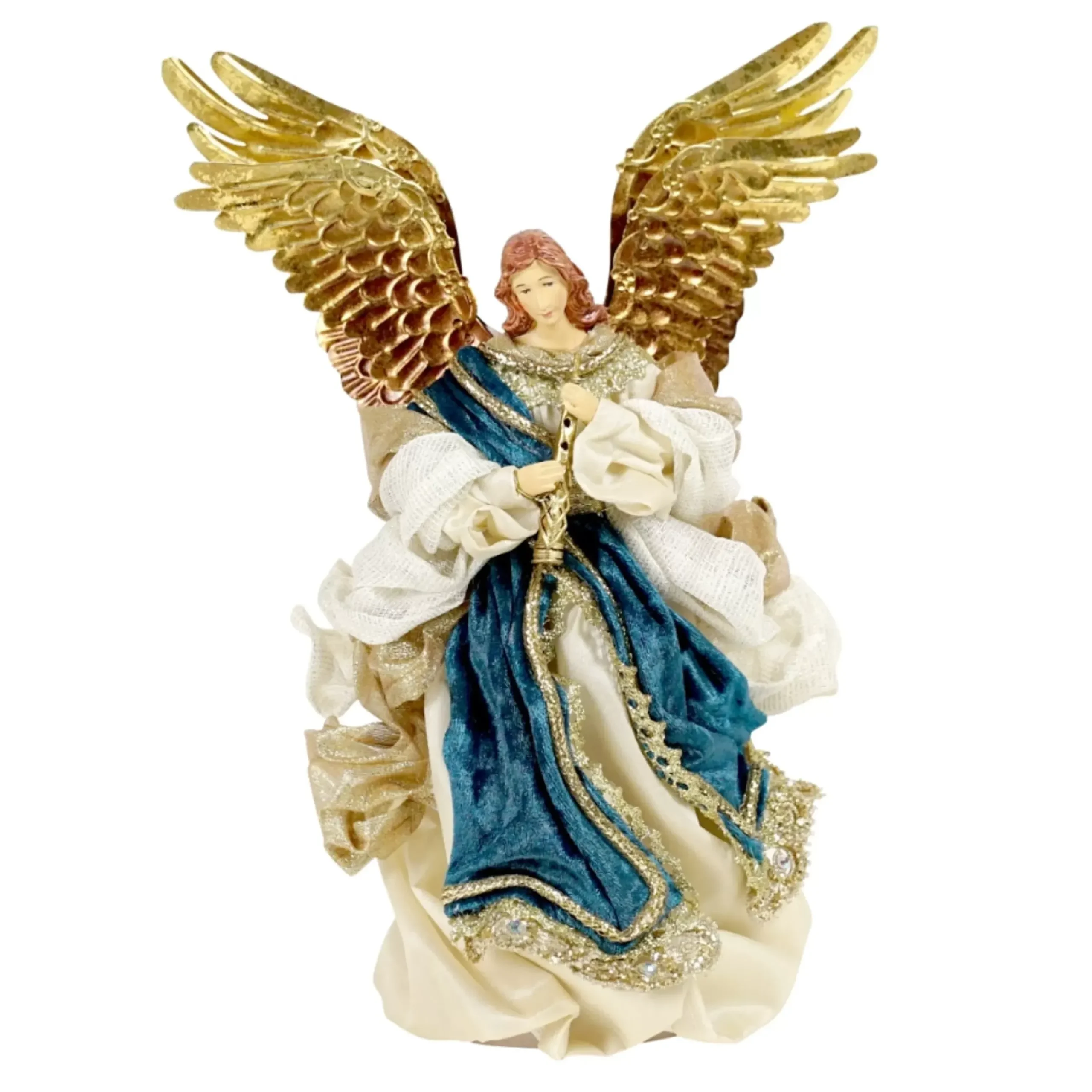 Blue Gold Angel With Flute - 25Cm
