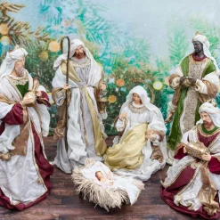 Burgundy Beige Green Nativity Set Noelle Collection (Set Of 6) - 81Cm