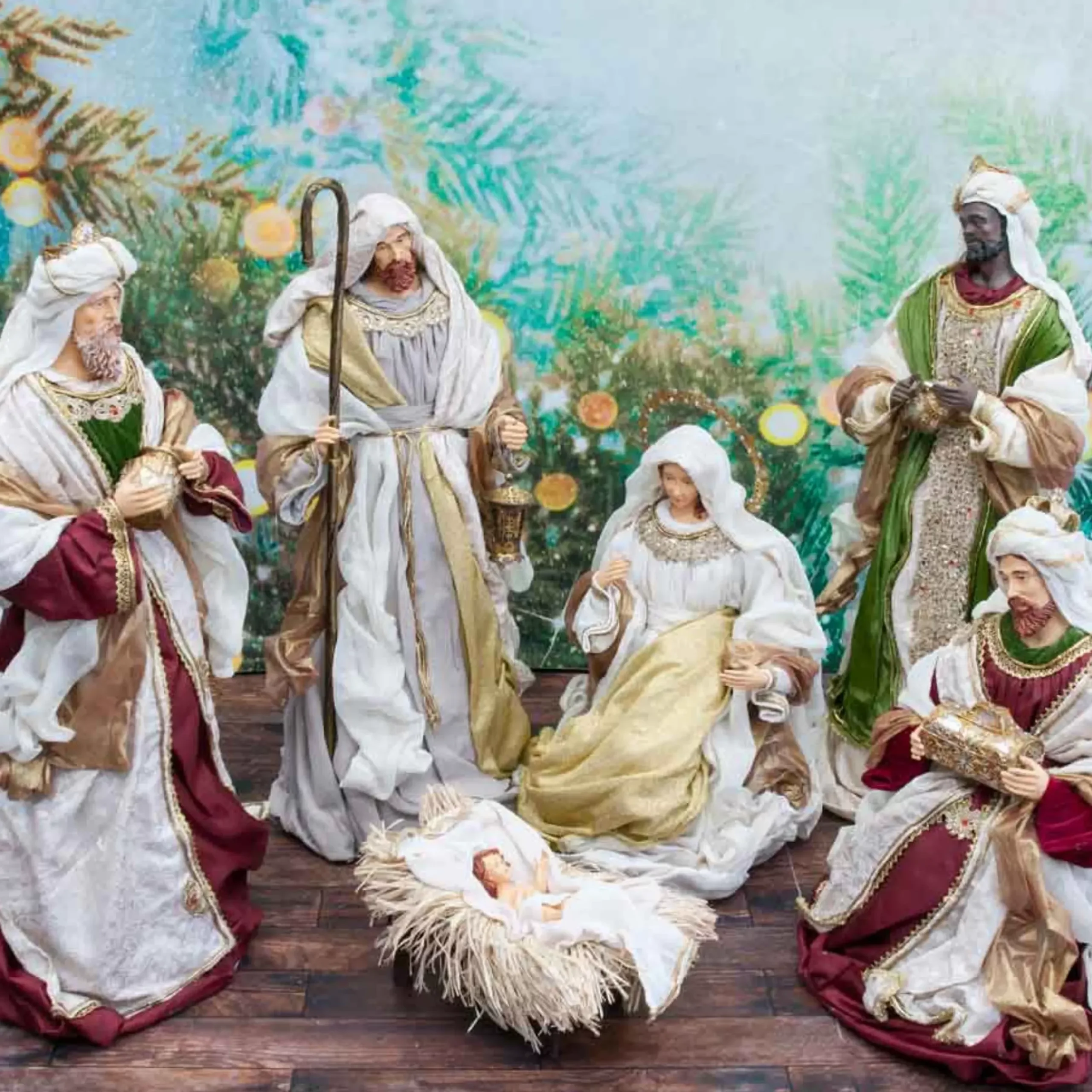 Burgundy Beige Green Nativity Set Noelle Collection (Set Of 6) - 81Cm