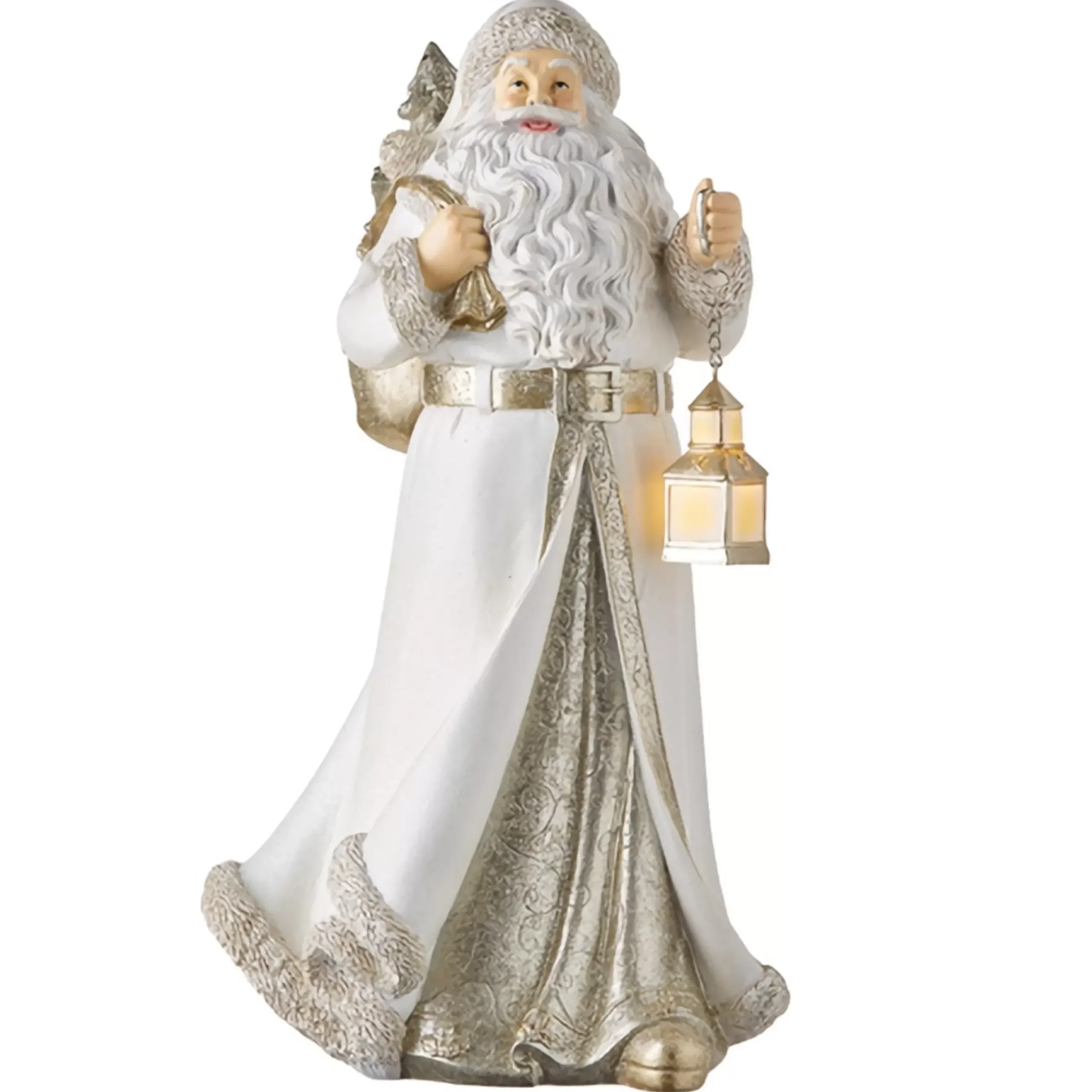 Champagne Gold Santa With Light Up Lantern And Sack - 38Cm