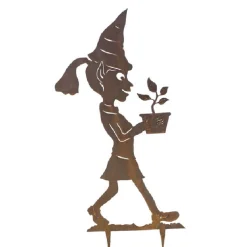 Garden Elf Girl With Flower Pot Garden Art Stake - 77Cm
