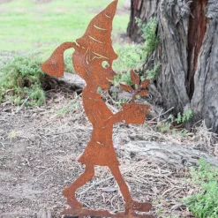 Garden Elf Girl With Flower Pot Garden Art Stake - 77Cm