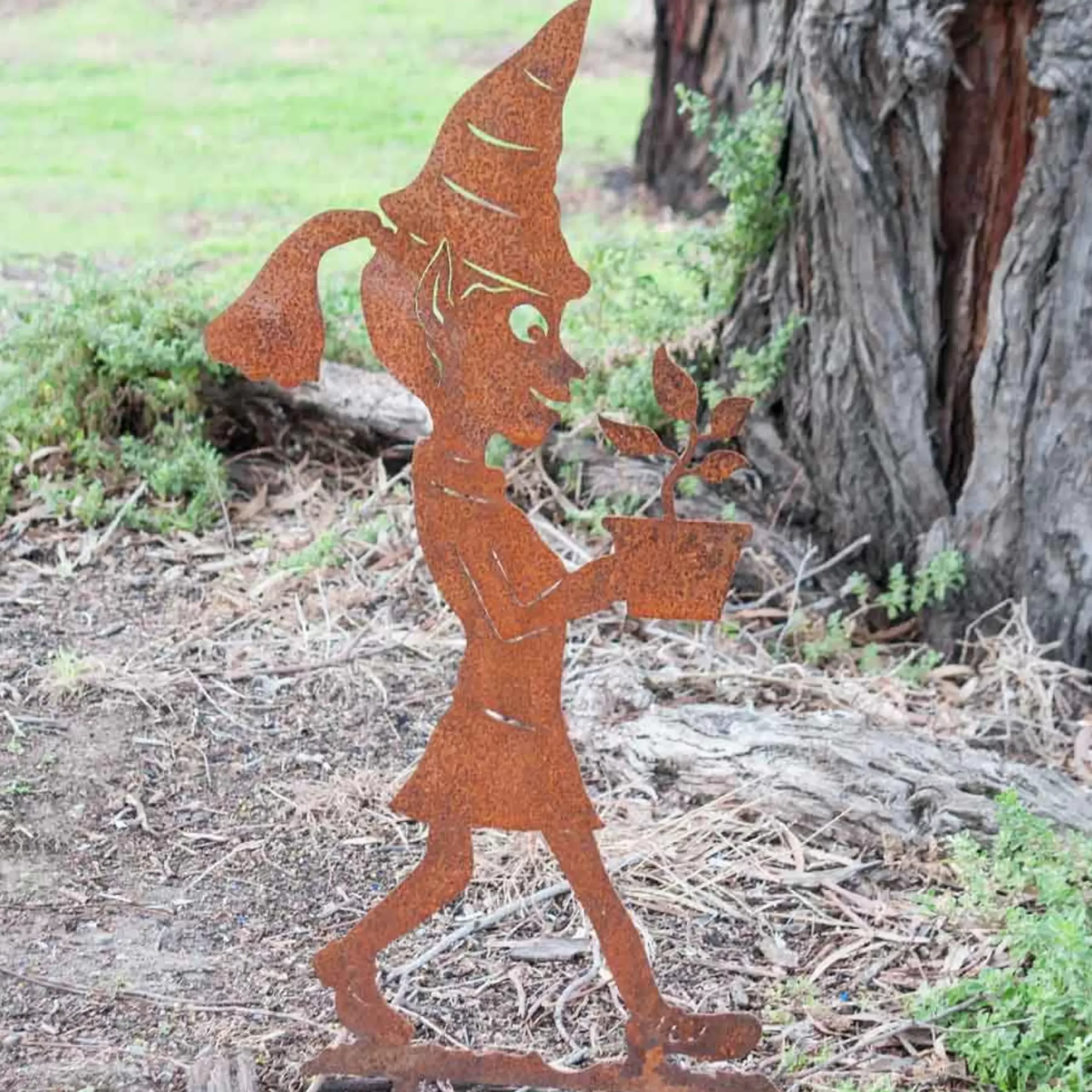 Garden Elf Girl With Flower Pot Garden Art Stake - 77Cm