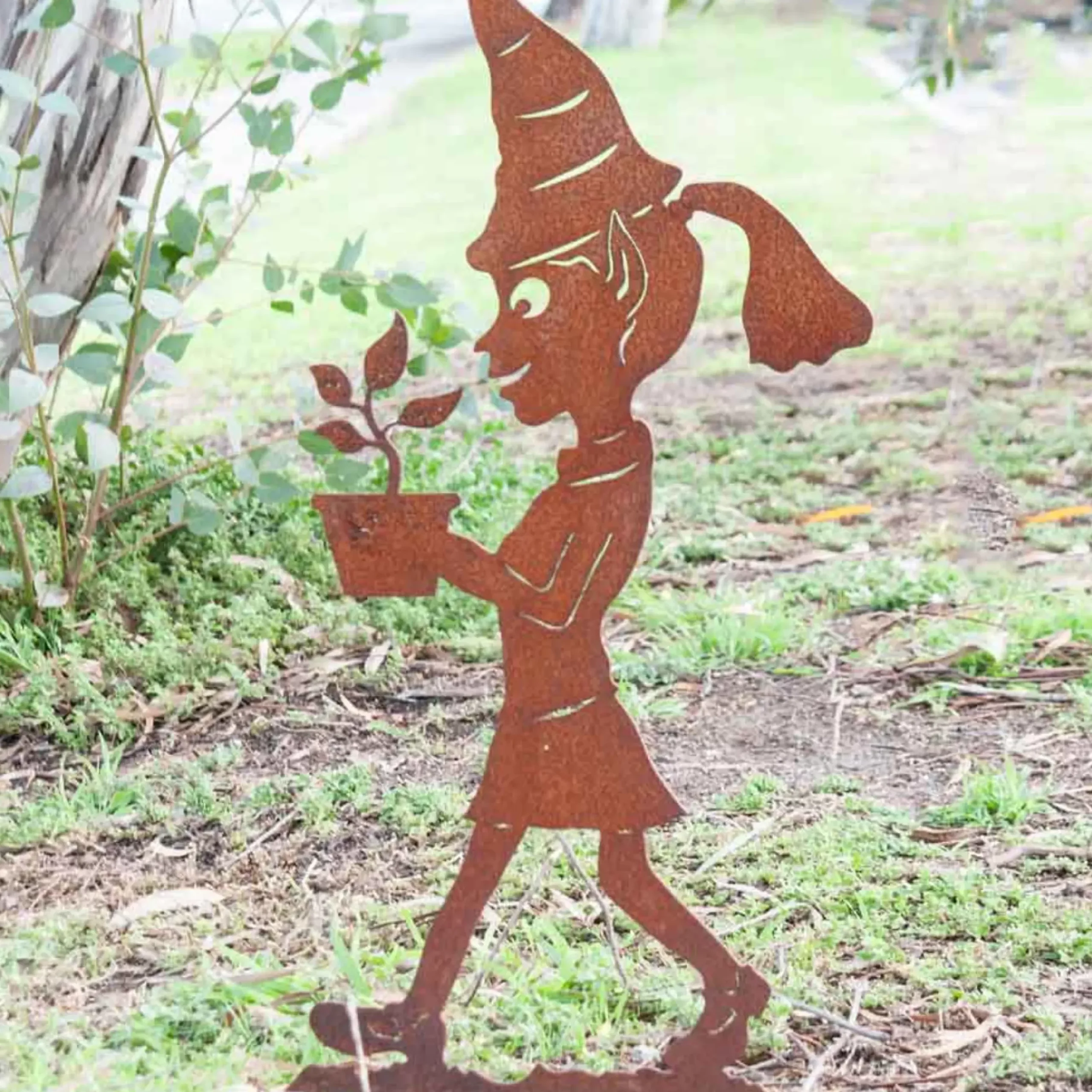 Garden Elf Girl With Flower Pot Garden Art Stake - 77Cm