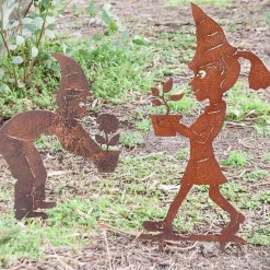 Garden Elf Girl With Flower Pot Garden Art Stake - 77Cm