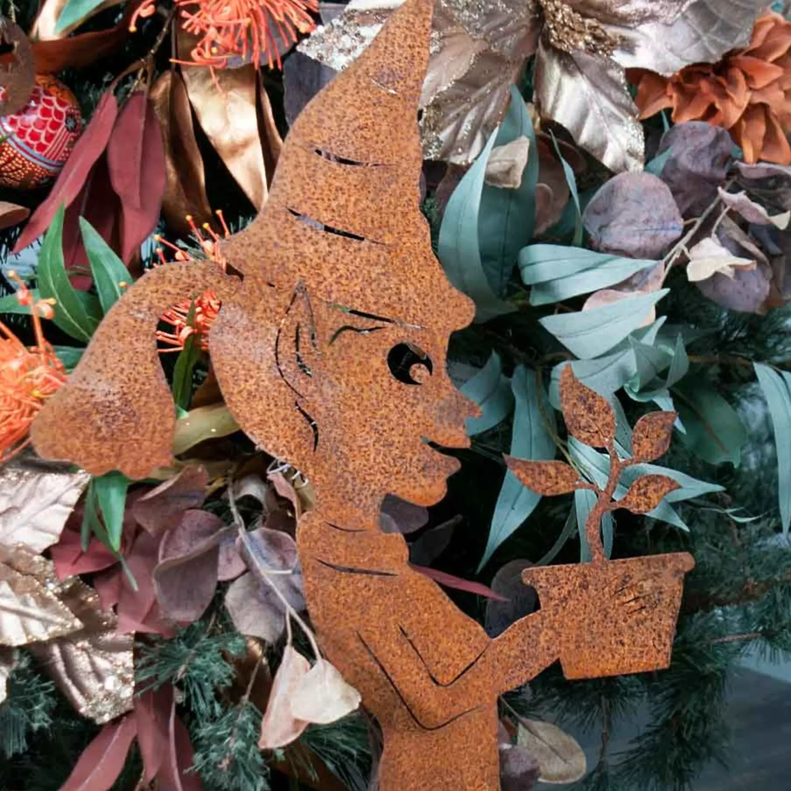 Garden Elf Girl With Flower Pot Garden Art Stake - 77Cm