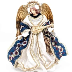 Ivory Blue Brocade Lace Standing Angel With Mandolin Halo - 25Cm