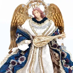 Ivory Blue Brocade Lace Standing Angel With Mandolin Halo - 25Cm