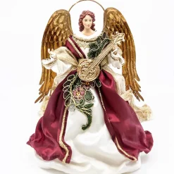 Ivory Burgundy Standing Angel With Mandolin Halo - 25Cm