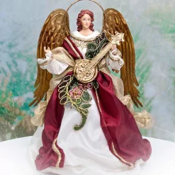Ivory Burgundy Standing Angel With Mandolin Halo - 25Cm