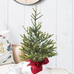 Olive Green Norway Spruce Pine Tree With Red Jute Base - 56Cm