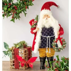 Red Black Gold Santa With Wreath And Sack - 52.5Cm
