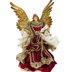 Red Gold Angel With Harp - 25Cm